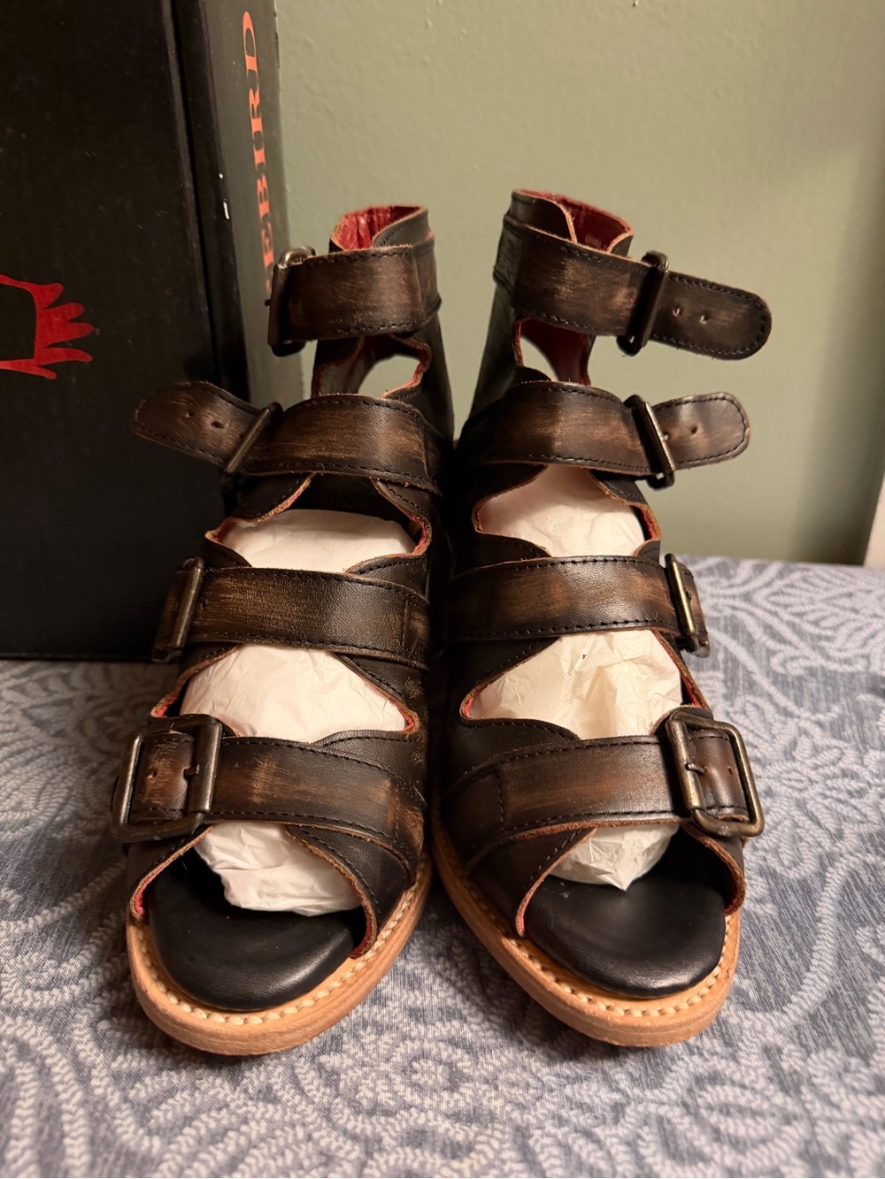 Quail Freebird Black/Dark Brown Multi-Strap Leather Buckle Sandals